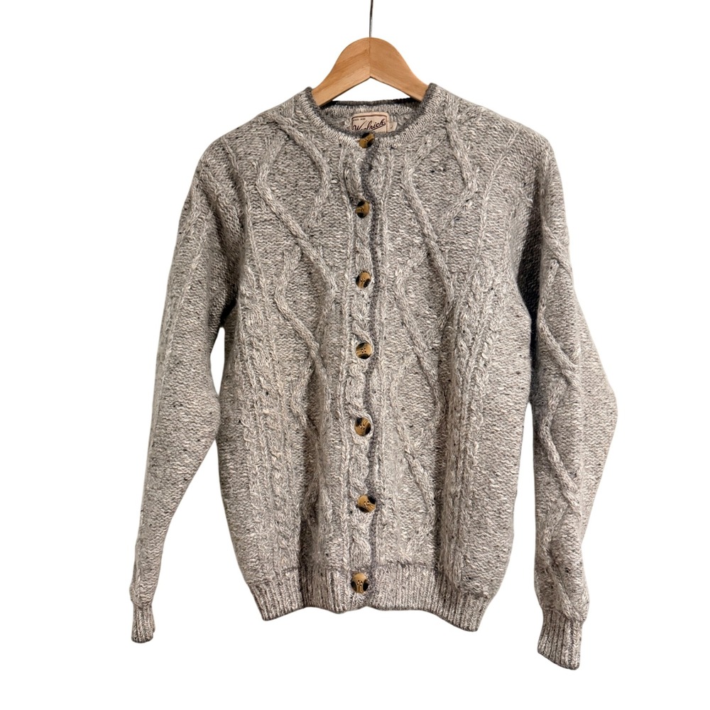 Vintage Woolrich Heather Fisherman Hand-framed Cardigan Cable Knit Wool Blend L